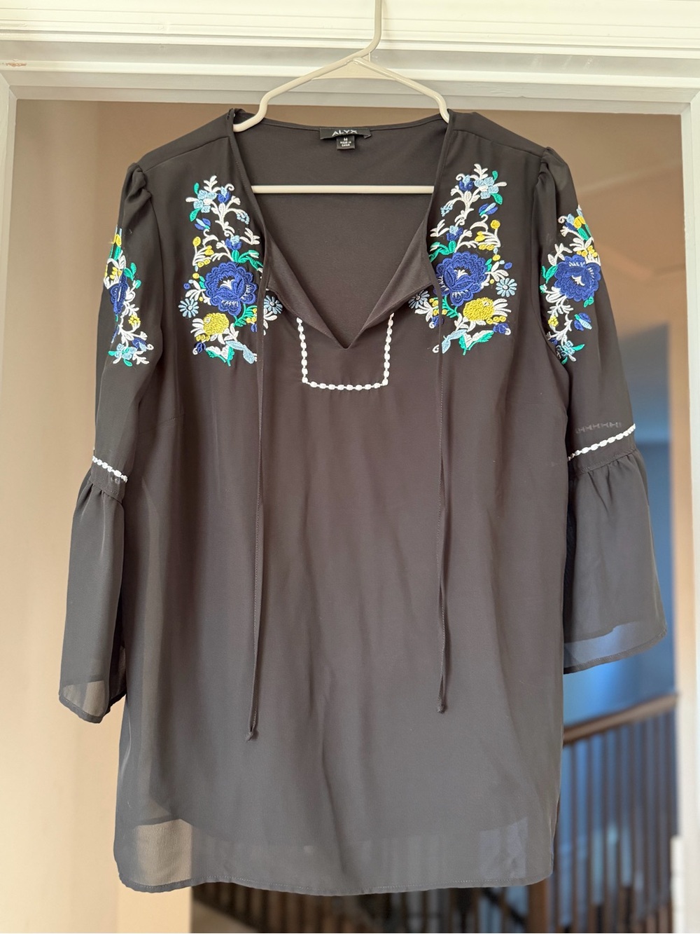 Alyx Black Boho Embroidered V-Neck Tunic with Blue Floral Accents